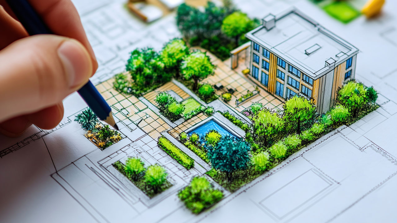 Hand with pencil at edge of colored residential site plan showing building, pool, pathways, and trees