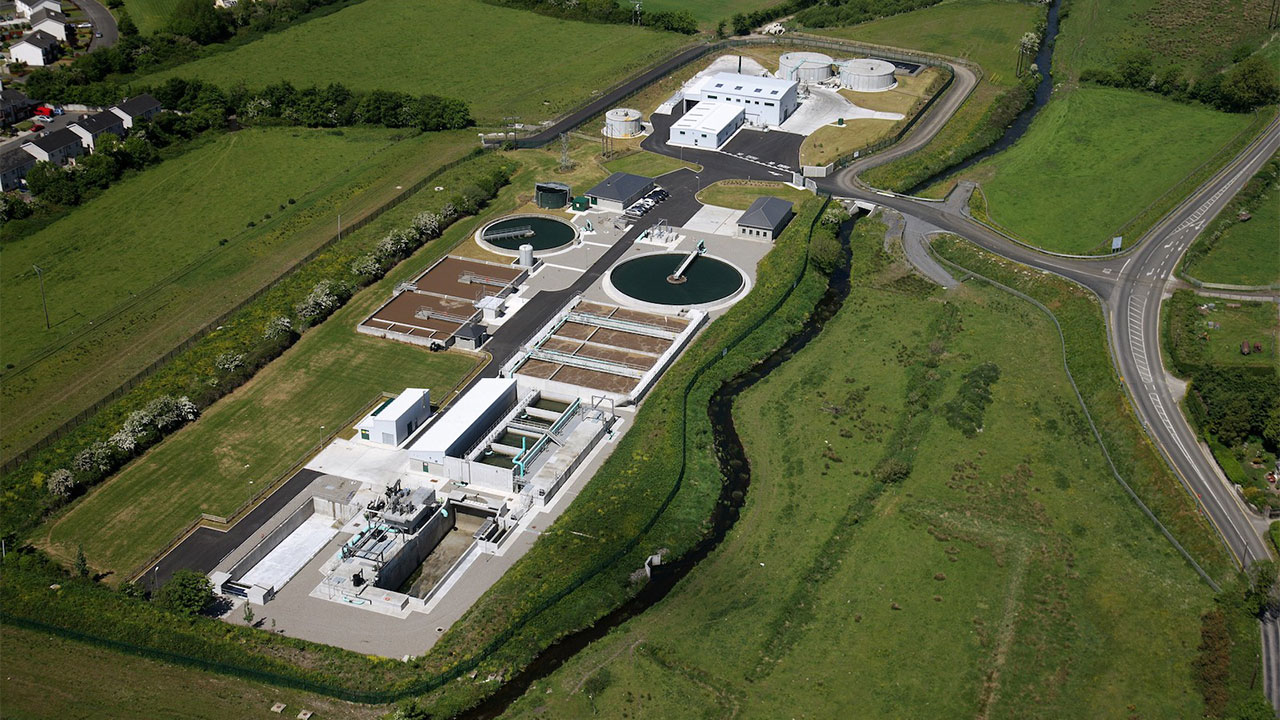 An aerial view of the Portlaoise wastewater treatment plant in a green field setting