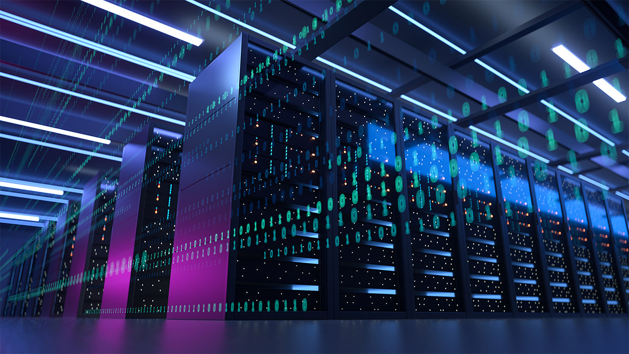 Banks of servers in a data center lit by colored lights and overlaid by a graphic of numbers from a computer screen
