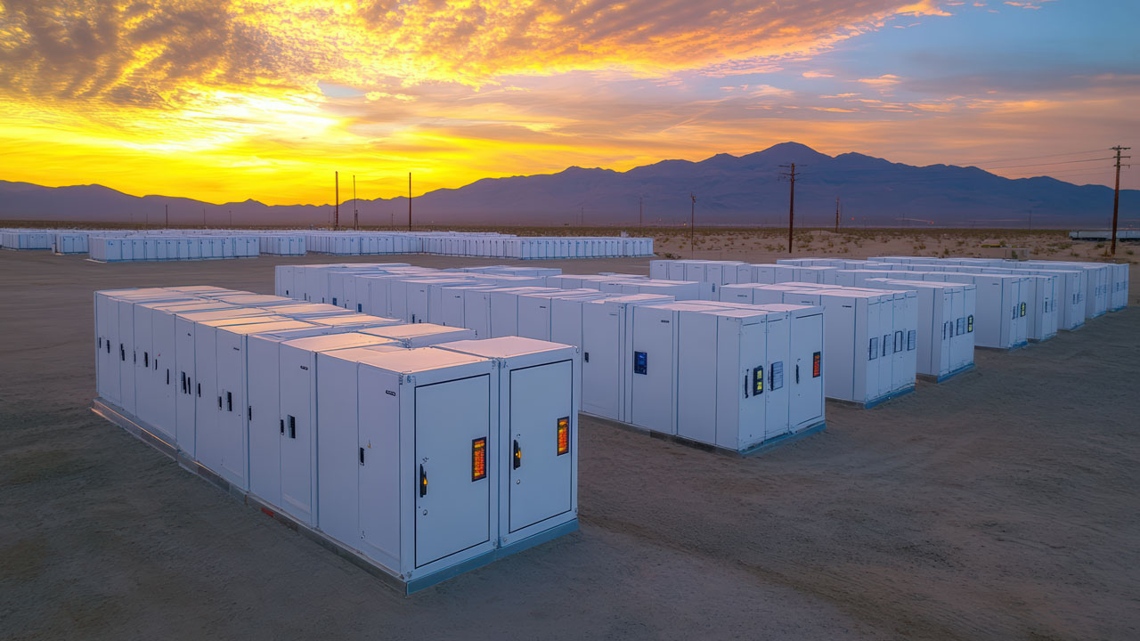 Large-scale battery energy storage facility at sunset in a desert landscape