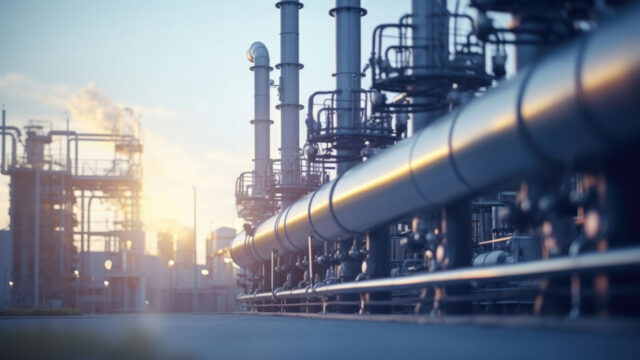 Complex piping structure on top of a manufacturing plant against a blue sky