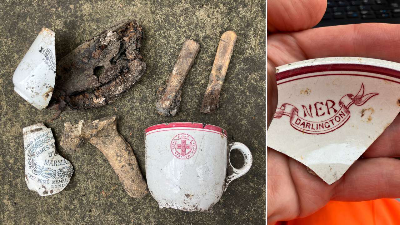 Split image of several uncovered artifacts on the left and hands holding a broken ceramic shard with red lettering that reads "N.E.R Darlington” on the right