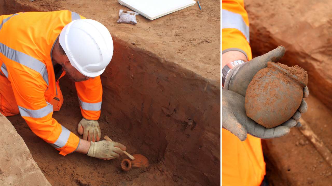 Split image of an archaeologist orange safety jacket brushing dirt off an ancient pottery vessel on the left and close up of gloved hands holding the uncovered ancient pottery vessel