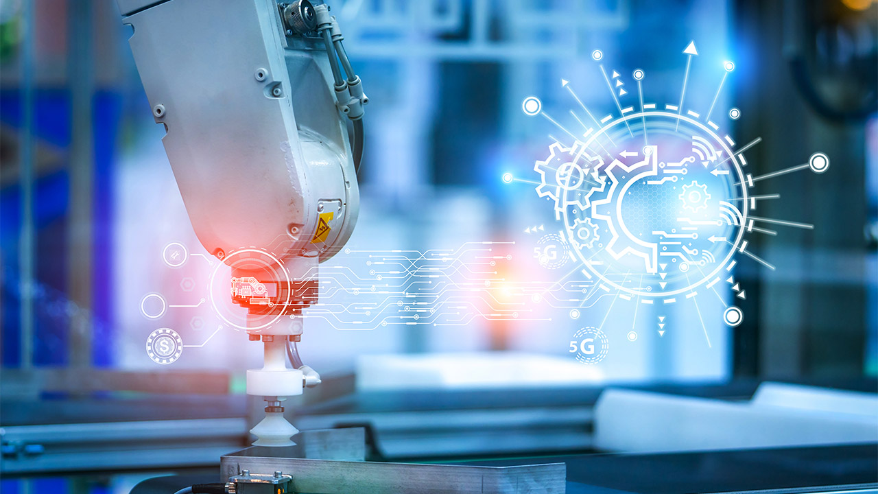A robot arm fixing a component on a production line overlaid by a circular cog graphic in white
