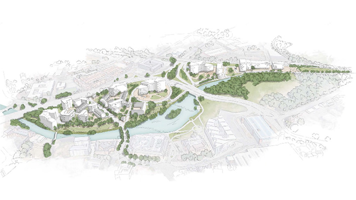 Illustrated masterplan showing a mixed-use development with buildings, green spaces, paths, and water features