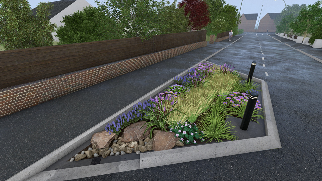 3D rendering of a triangular planted traffic island with grasses, flowers, rocks, and bollards on a residential street