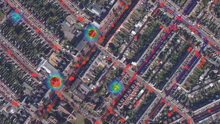 Satellite map with network lines and heatmap highlighting hotspots along urban streets