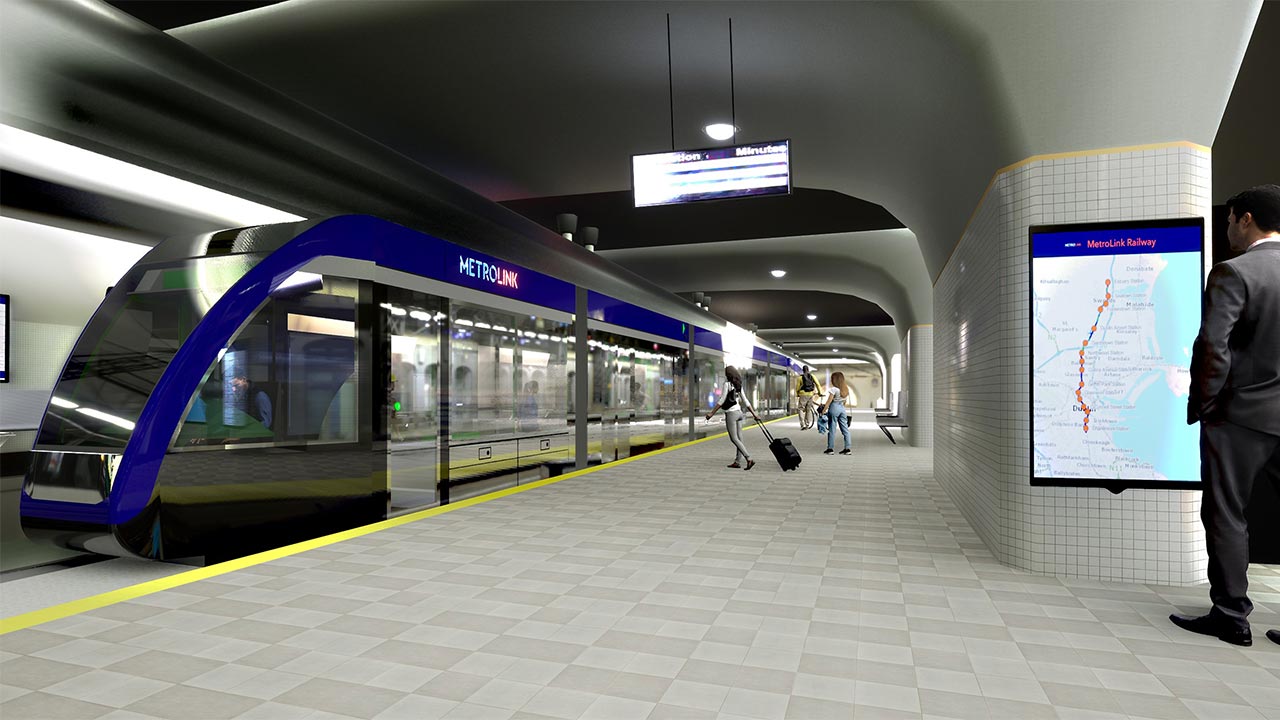 People on a modern metro platform about to board train