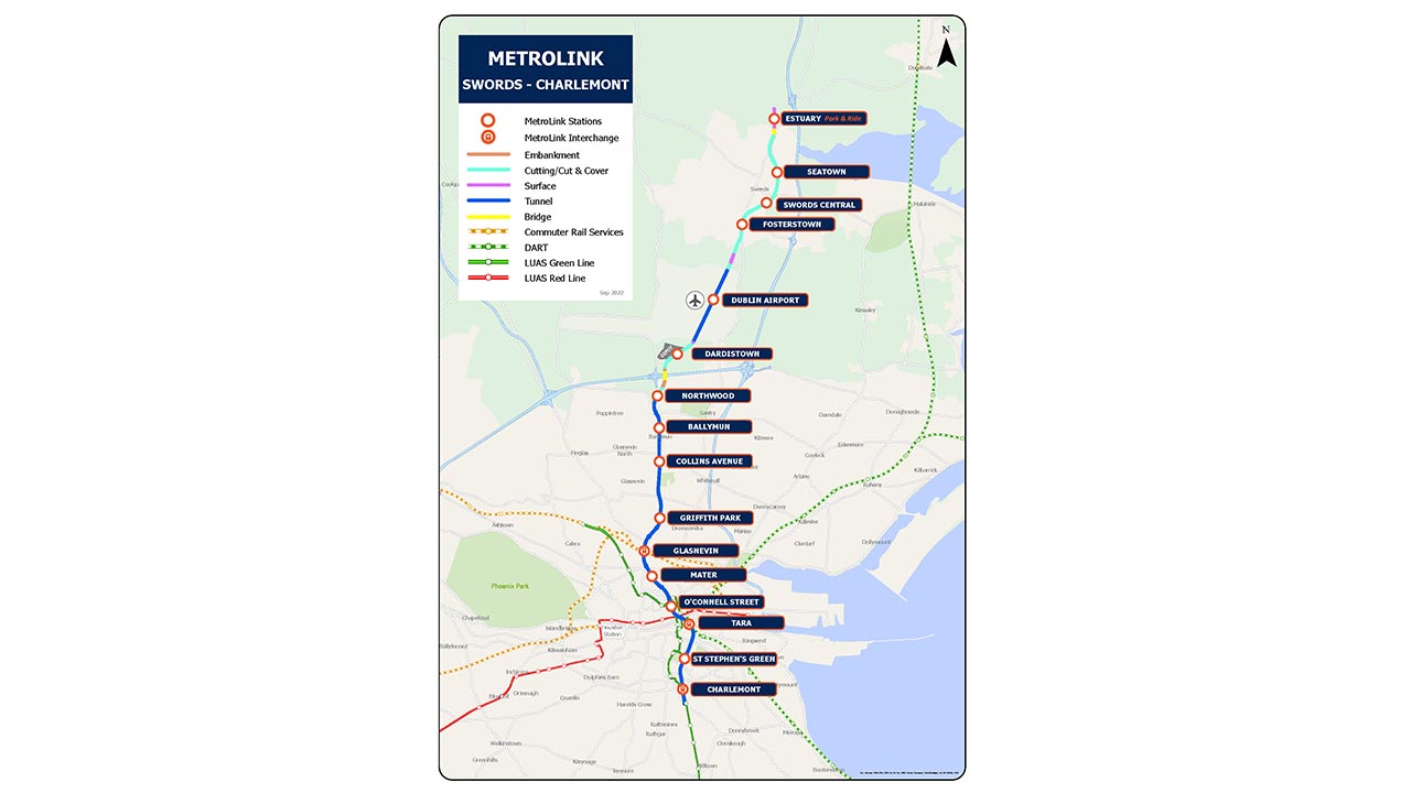 A map of the proposed MetroLink project in Dublin, Ireland, with stations marked