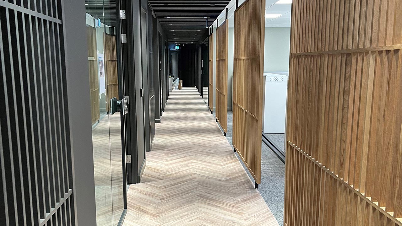 A modern refurbished corridor in the IDA Ireland Headquarters