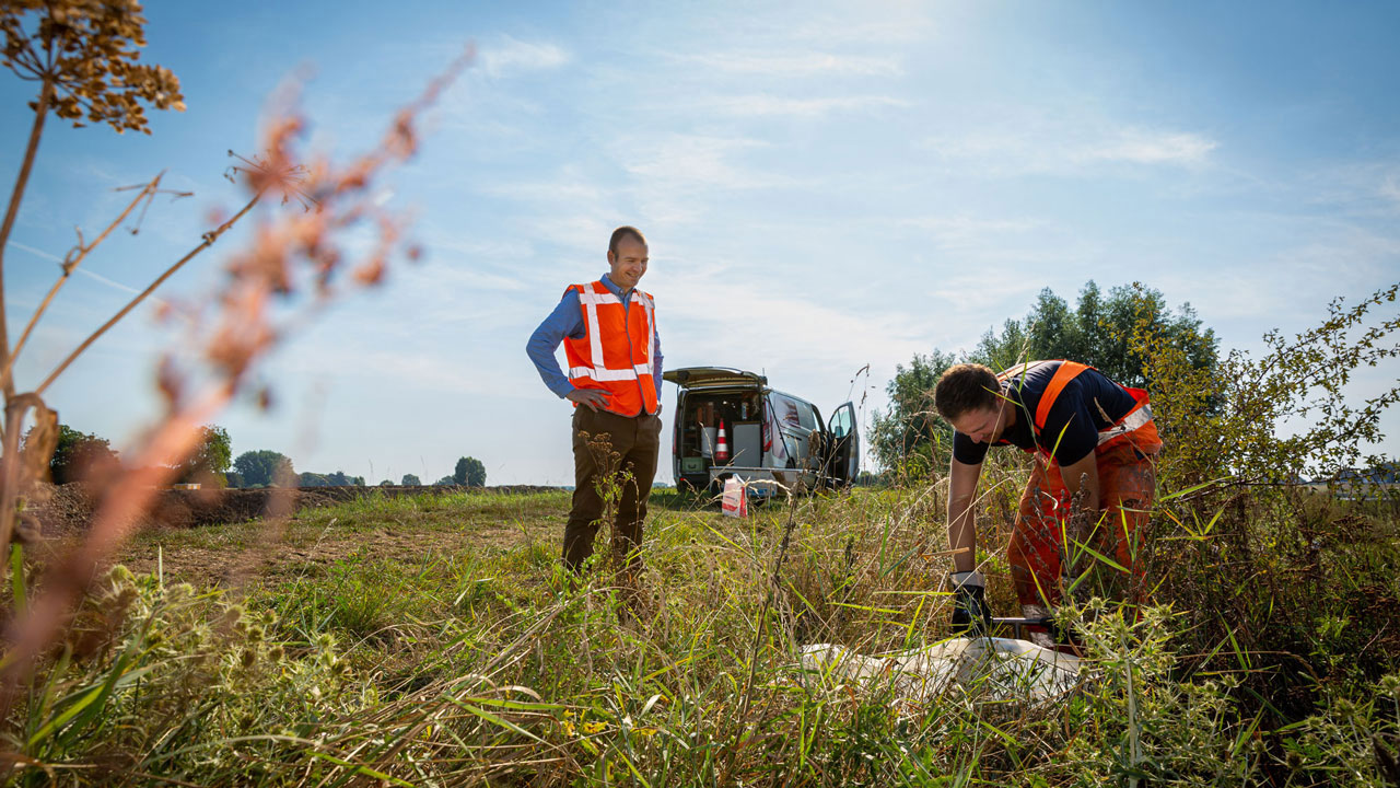Two men in high visibility vests out working in a field with a blue sky and sunshine in the background