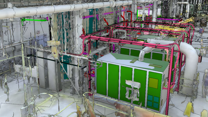 Digitized graphic of a room with equipment colored in green, pink, gray, and purple