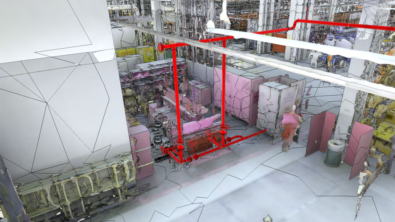 Digitized graphic of a room full of equipment with red pipes