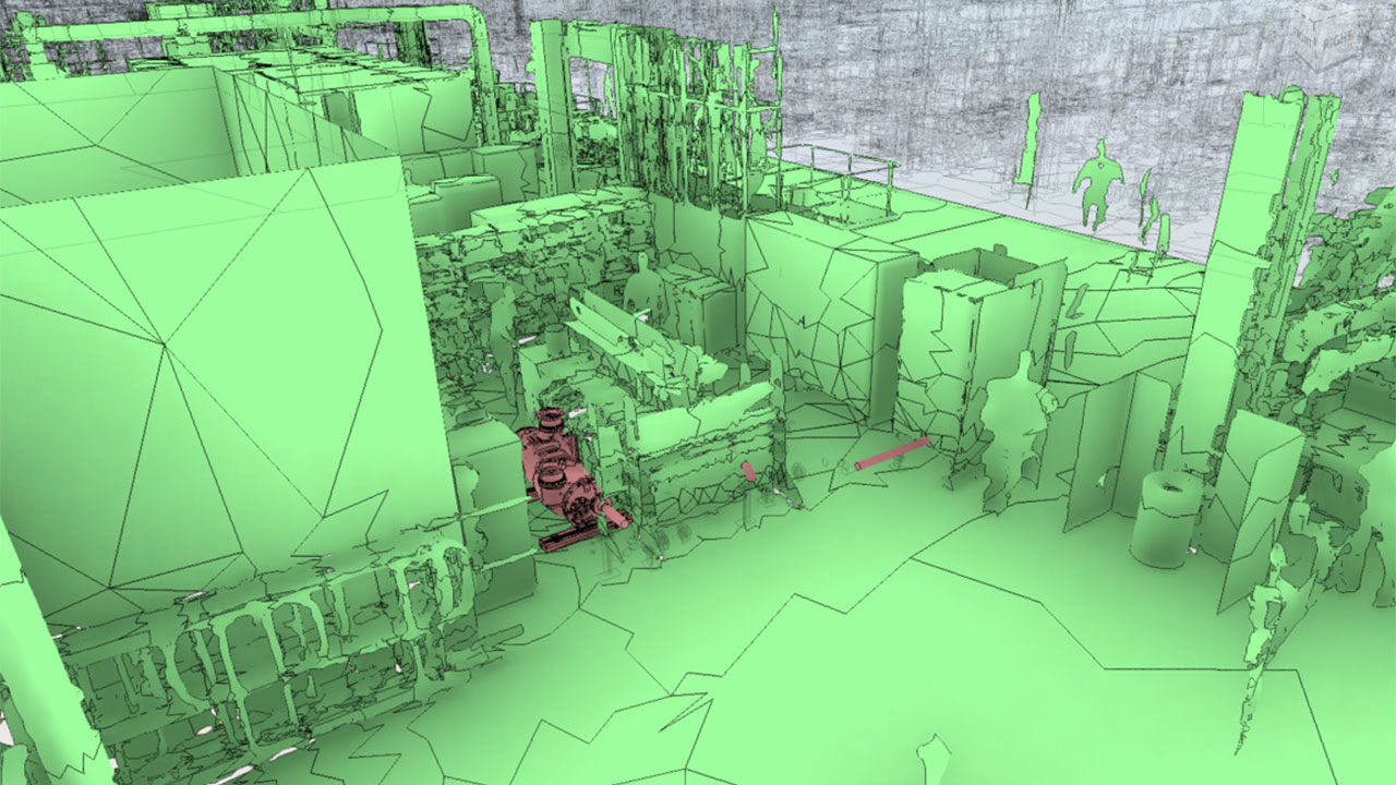 Digitized graphic of a room with equipment and a small part of the equipment highlighted in red