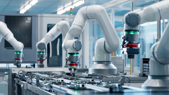 Advanced High Precision Robot Arm inside Bright Electronics Factory