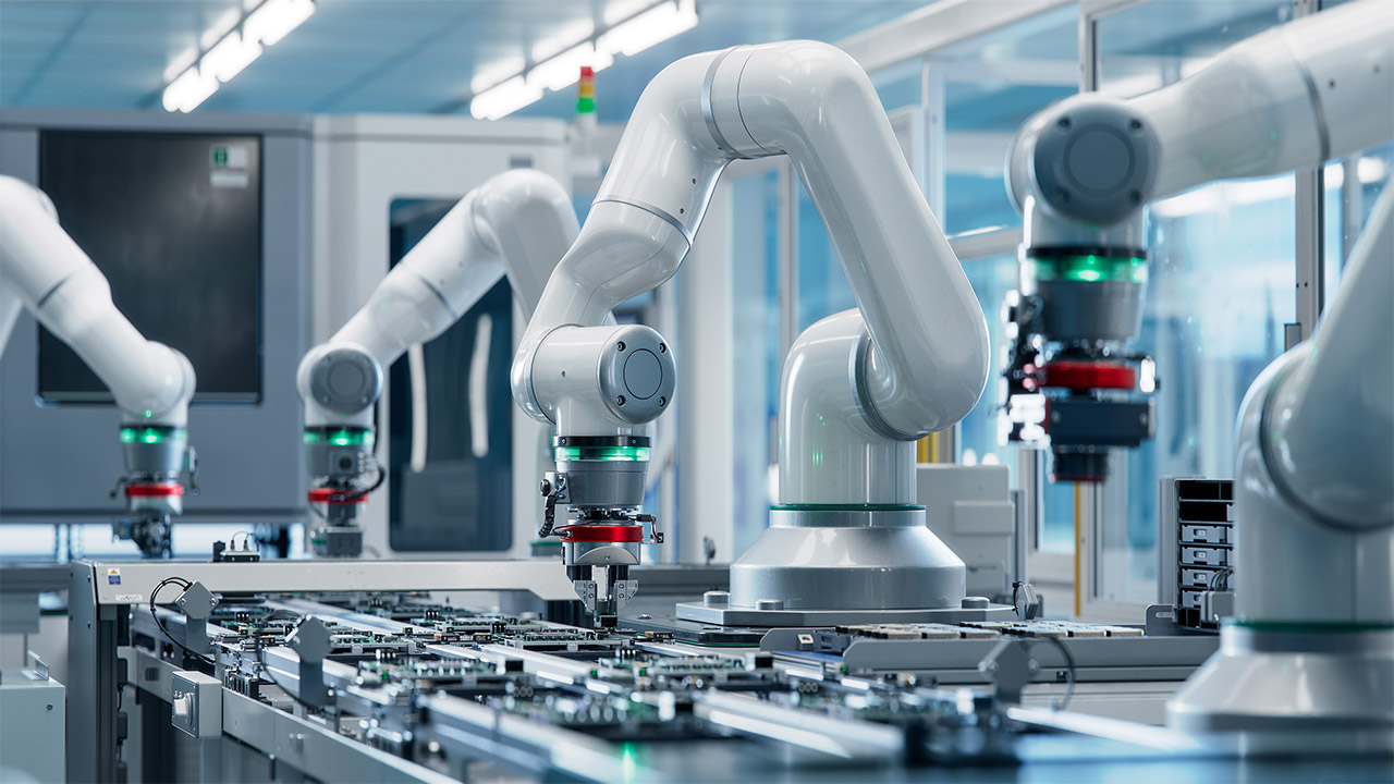 Advanced High Precision Robot Arm inside Bright Electronics Factory