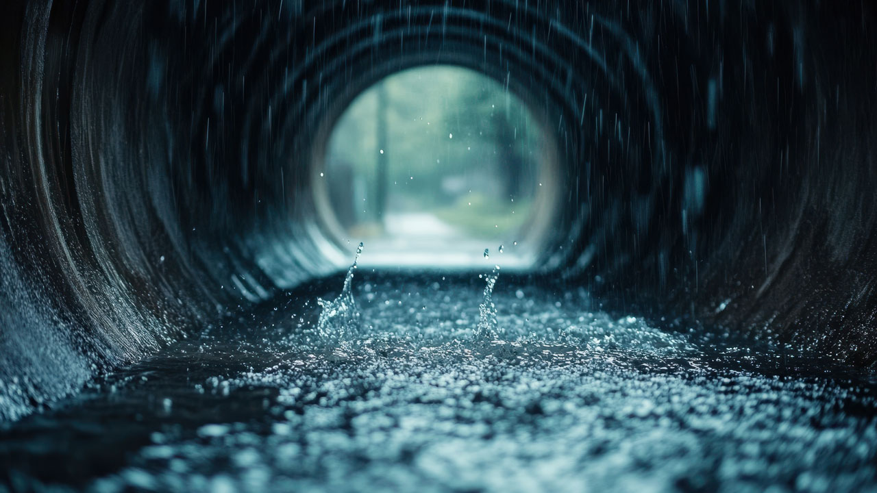 Inside look of a culvert filled with rainwater