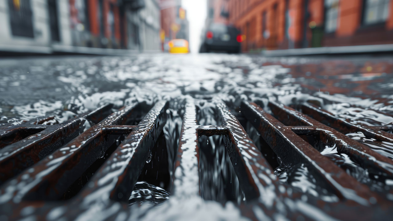 Ground level close up view of a storm drain with water running into it