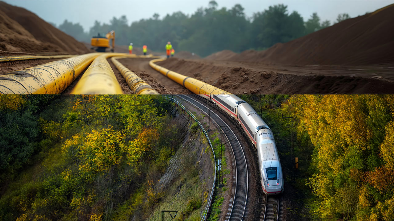 A split photograph where the top half features construction workers and machinery laying large yellow pipes in a dirt trench, and the bottom half displays a white high-speed train traveling on curved tracks