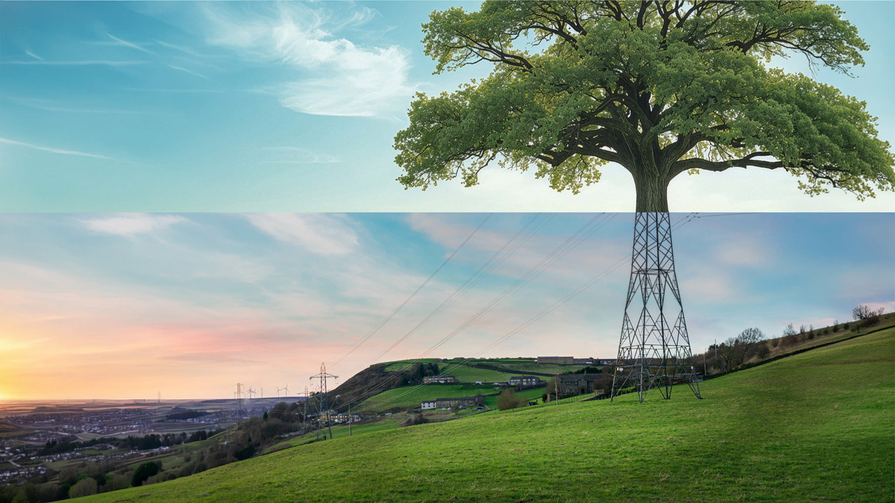 Photograph showing a large tree with its trunk replaced by a metal electricity transmission tower standing on a green hillside during sunset