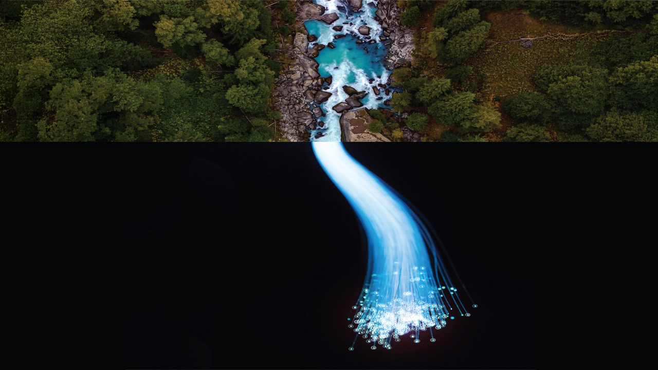A split-view photograph showing a natural river flowing through a forest above and a fiber optic cable emitting blue light strands below