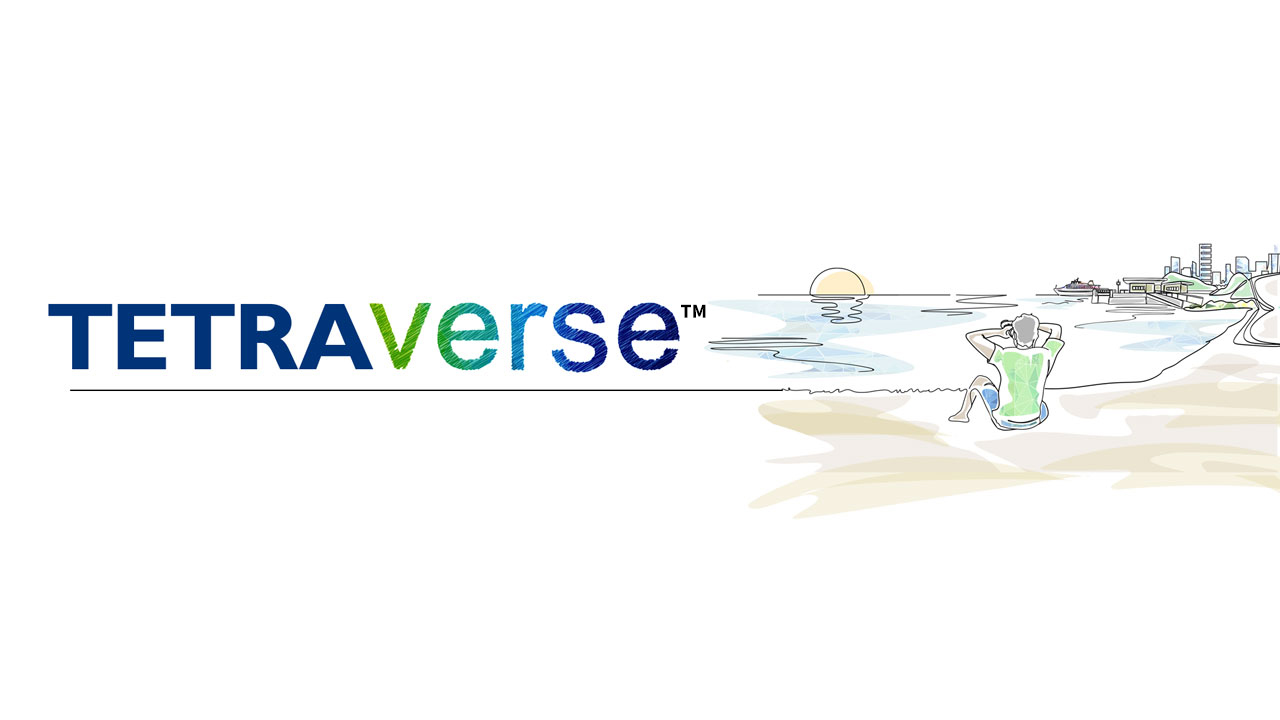 Illustration of a person on a beach in the foreground with the ocean and sun in the background next to text that reads "TetraVerse"