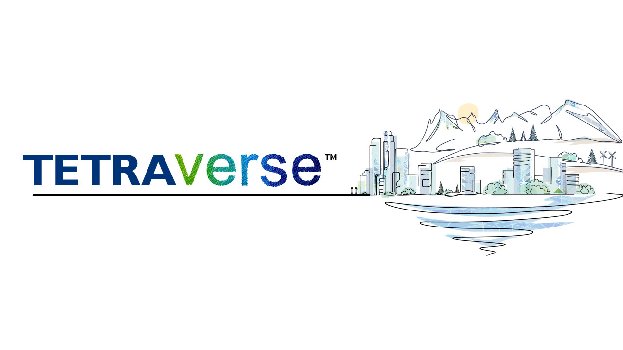 Illustration of a cityscape with mountains in the background and water in the foreground next to text that reads "TetraVerse"