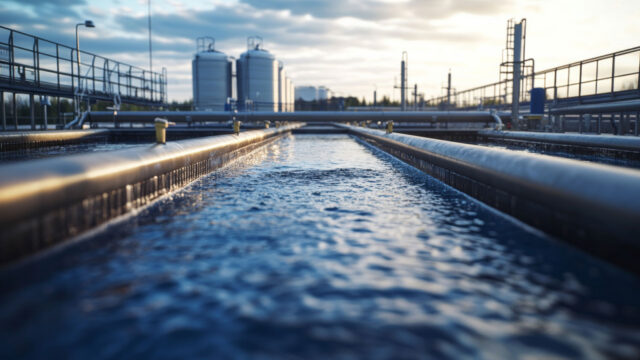 A water treatment facility with large industrial tanks, pipes, and flowing water