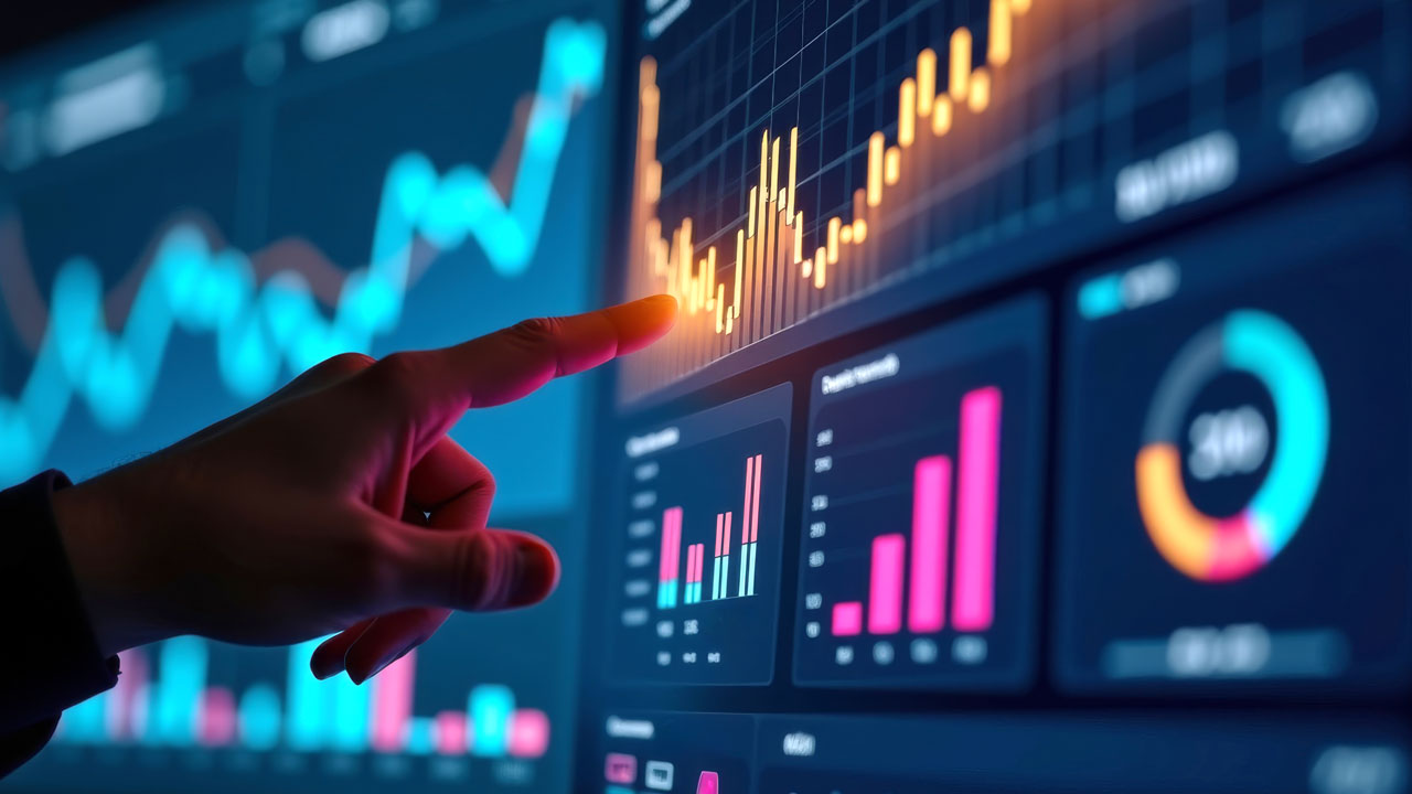 A hand points at a dashboard with colorful charts and rising graphs