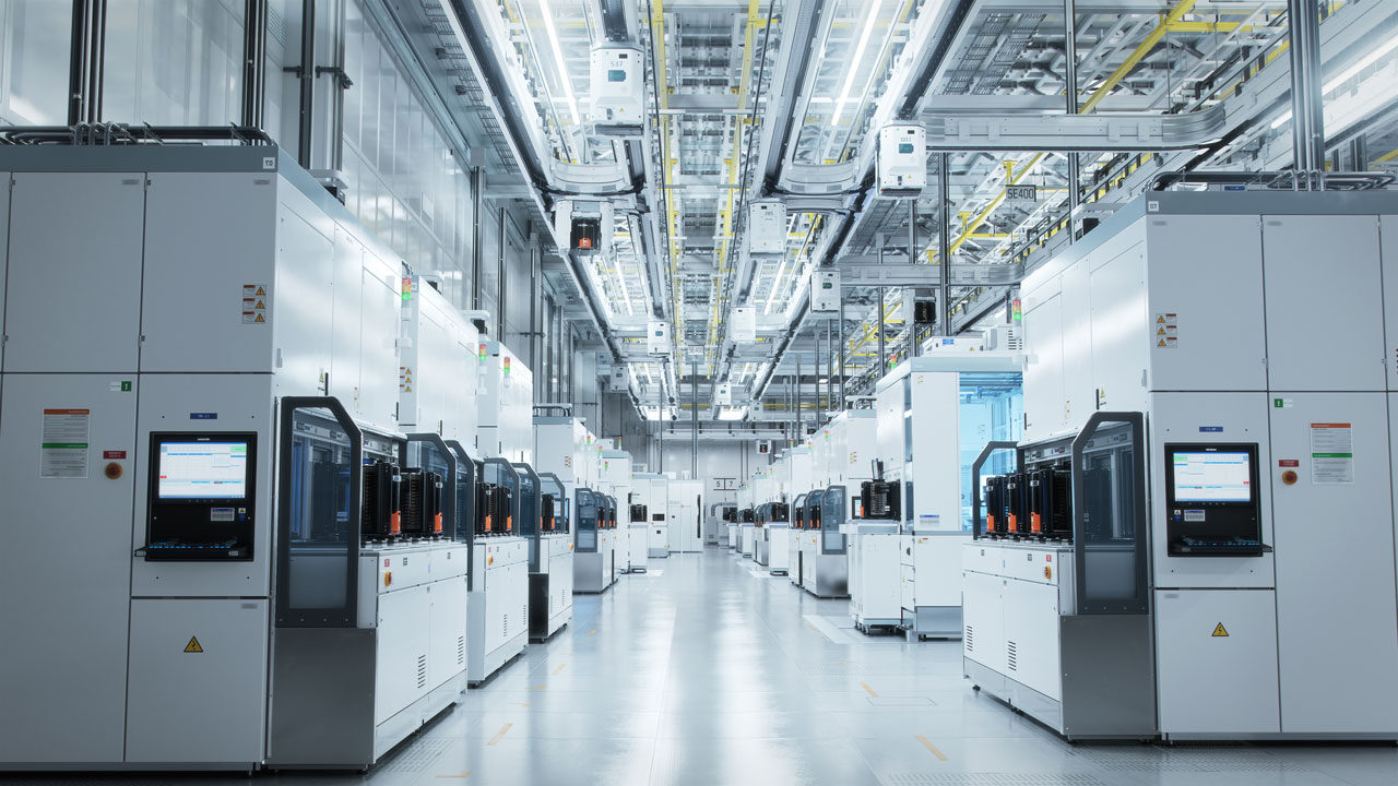 Two rows of industrial machines in a semiconductor manufacturing plant