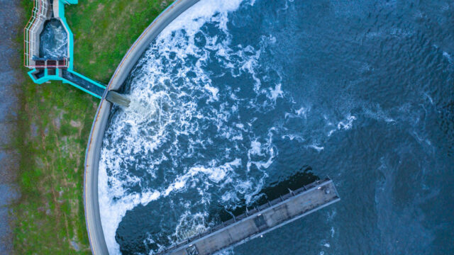 Aerial view of a water basin at a facility
