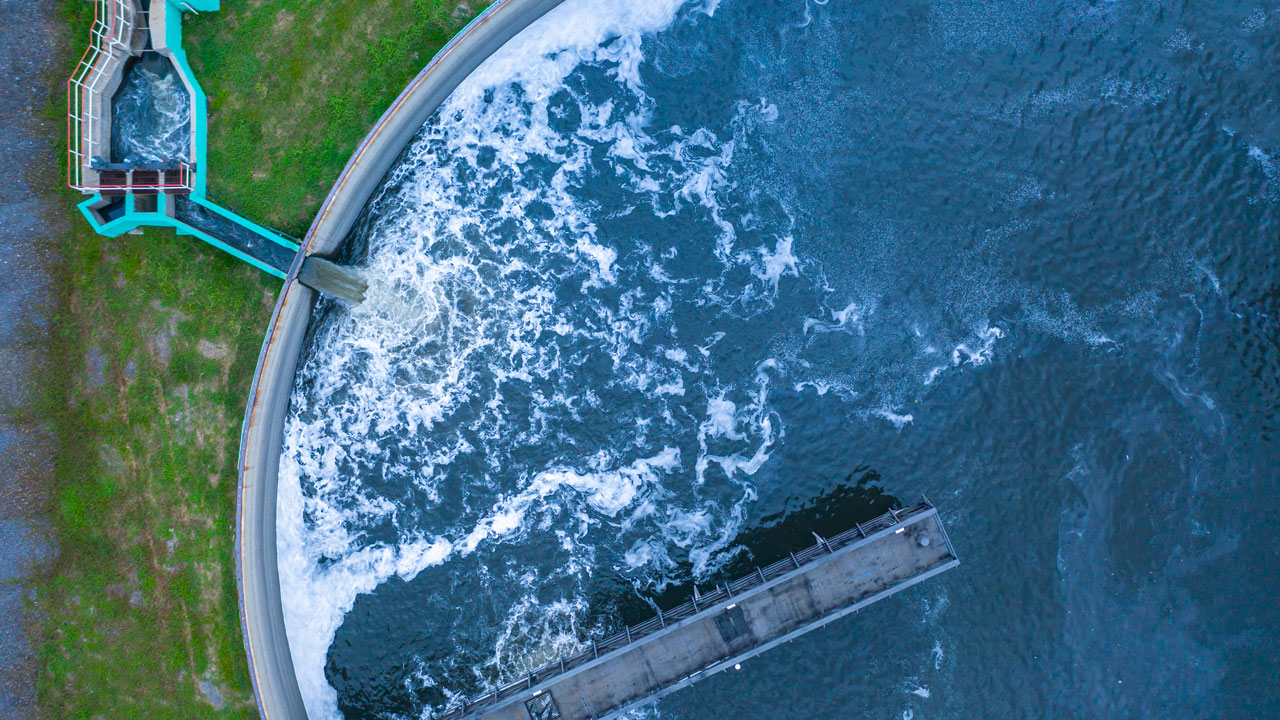 Aerial view of a water basin at a facility