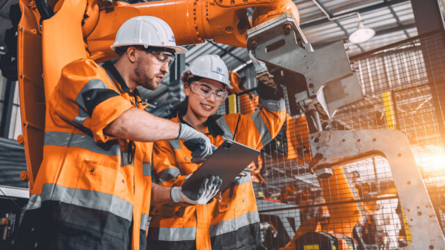 Two people in PPE looking at a tablet in a manufacturing facility