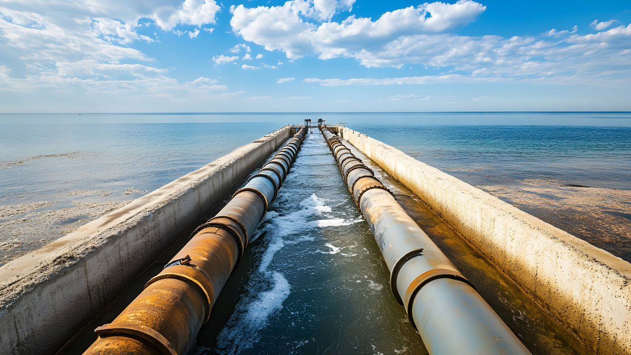 Two large pipelines stretch across the ocean water toward the horizon under a partly cloudy sky
