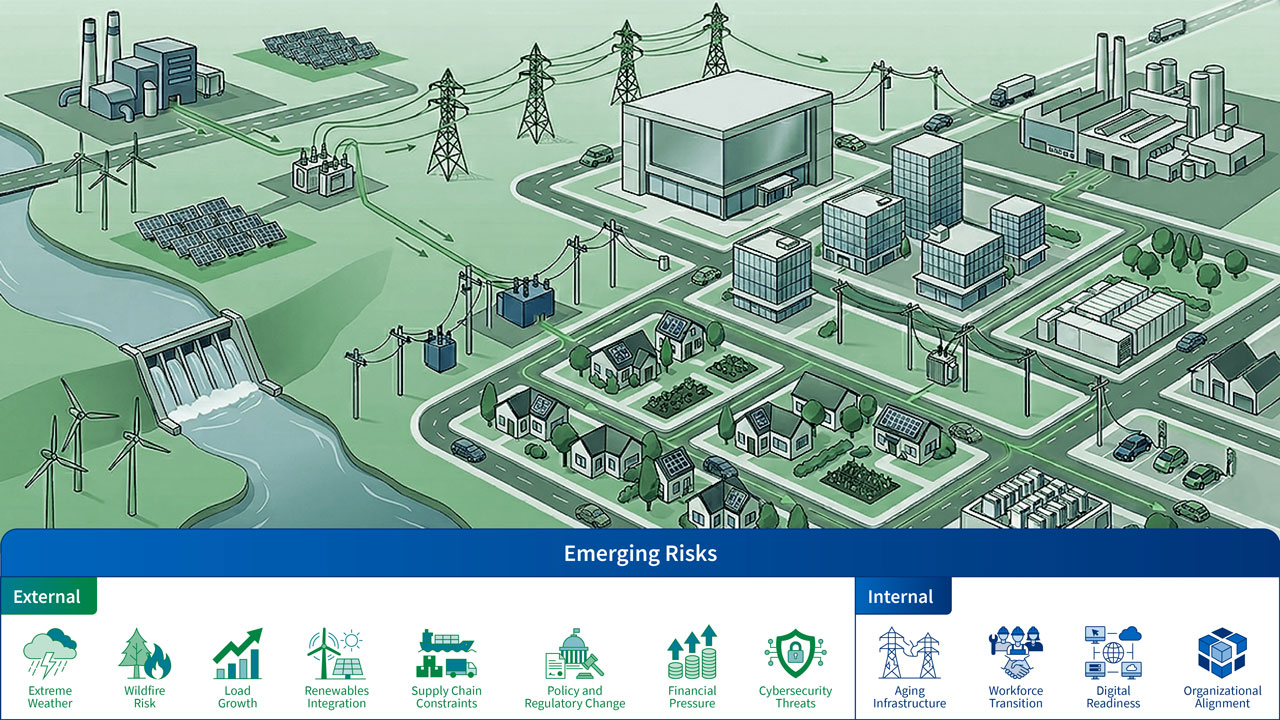 An illustration of a power plant, grid, and energy consumers, listing external and internal risks (weather, supply chain, policy, cyberattacks, aging infrastructure, etc.)