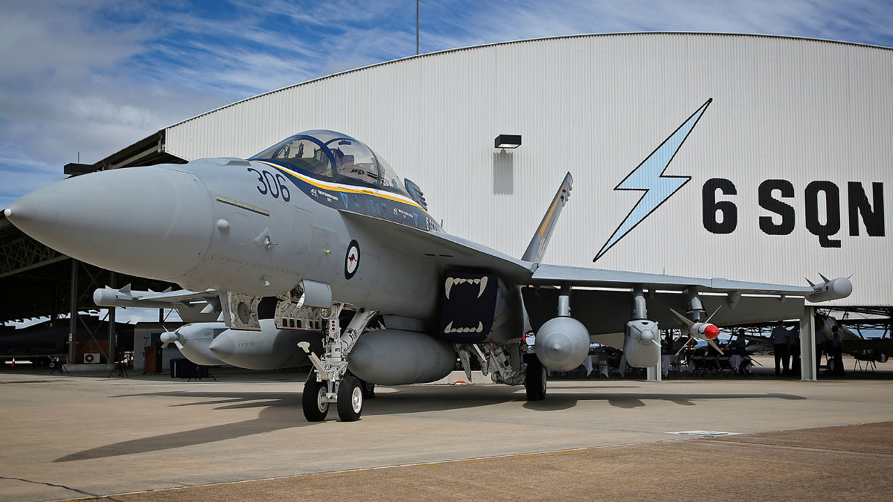 No. 6 Squadron E/A-18G Growler outside a Defense facility hanger