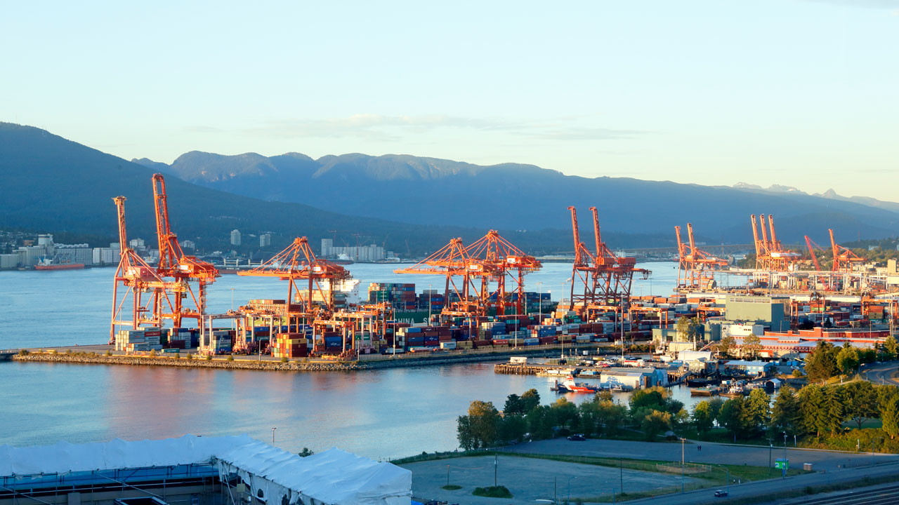 Cranes and shipping containers at the Port of Vancouver 