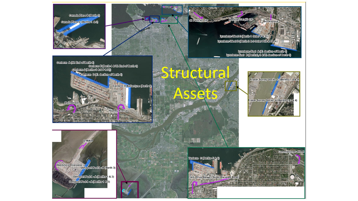 Composite map of Vancouver ports showing major structural assets at multiple terminals, with inset aerial views and labelled wharves, berths, roads, and highlighted asset locations