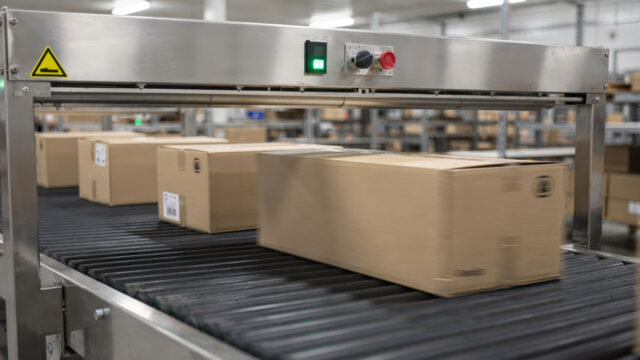 Cardboard boxes move along a conveyor beneath automated packaging equipment in an industrial facility