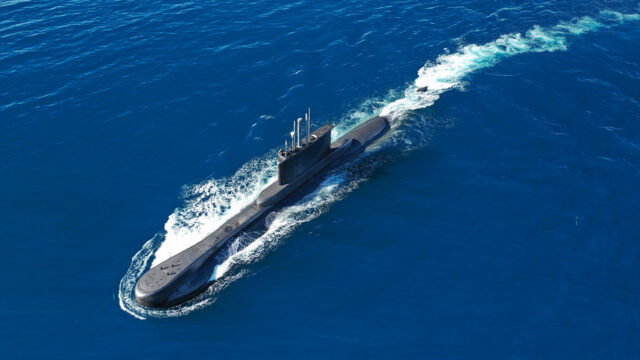 Aerial image of a submarine above the water