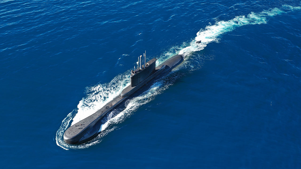 Aerial image of a submarine above the water
