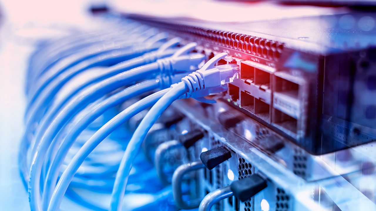 Blue network cables connected to server ports, representing secure communications systems engineering