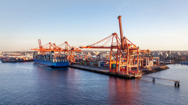 Cranes and shipping containers at the Port of Vancouver 