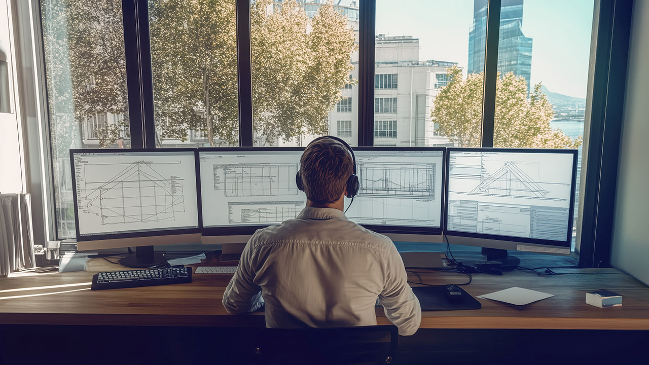 Person sitting at a desk with four computer screens in front of them