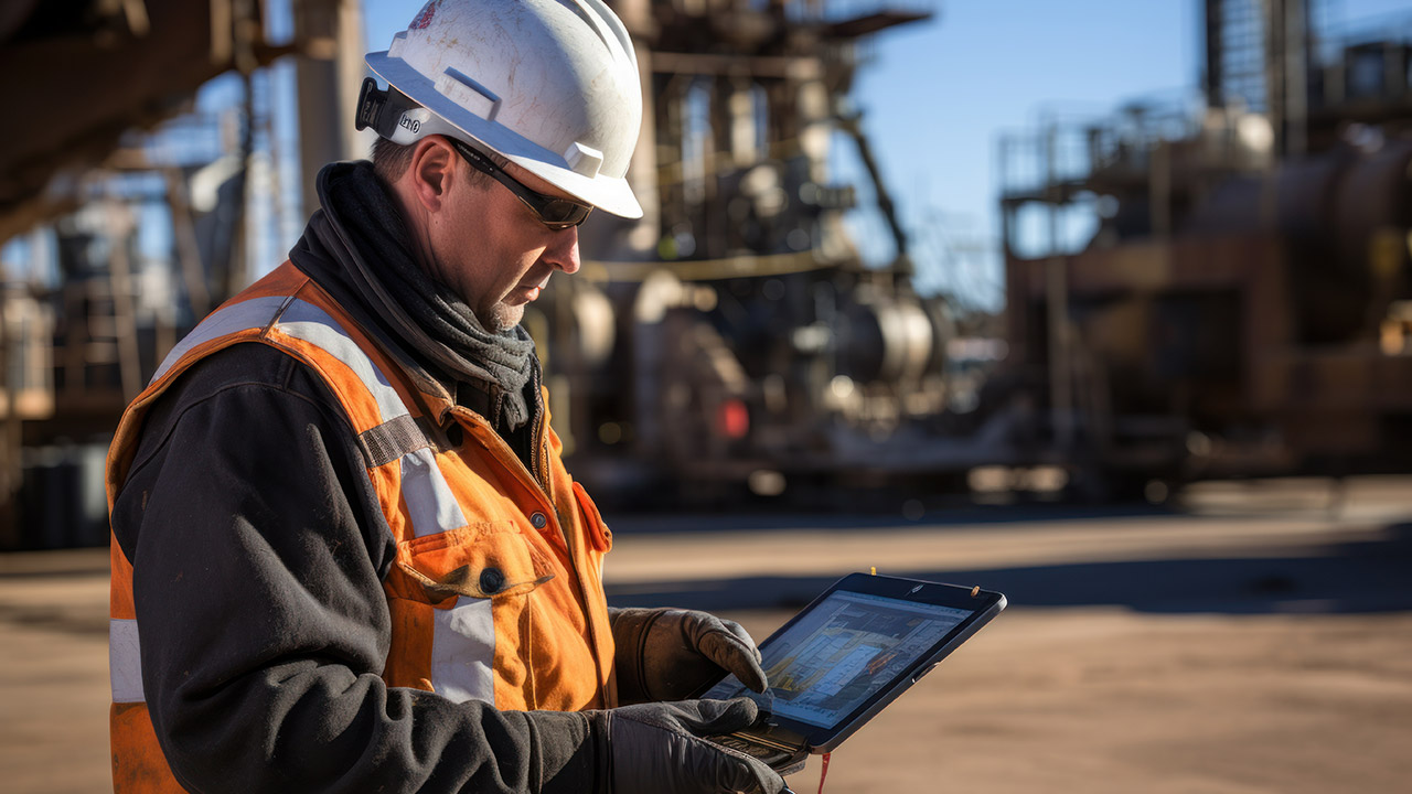 Image of a person in a high visibility vest and a white construction hat looking at a tablet